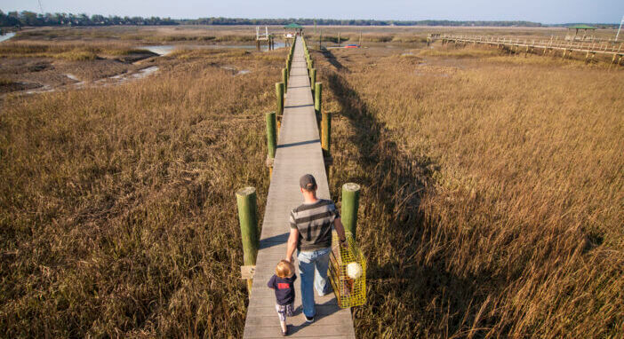 father and son going crabbing, overhead view