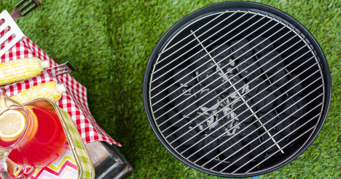 Summer picnic with small charcoal grill in the park.