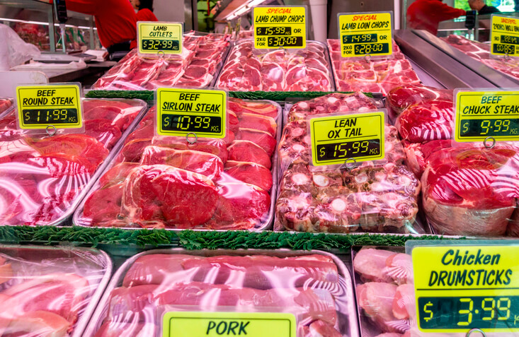 27+ Key Beef Consumption Statistics 1 Freshly cut and presented lamb, beef, chicken and pork meat on display for sale at a local butchery. Image taken through an external window.
