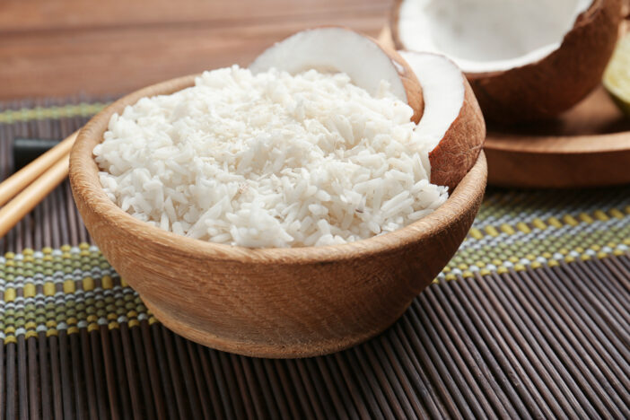 Wooden bowl with coconut rice