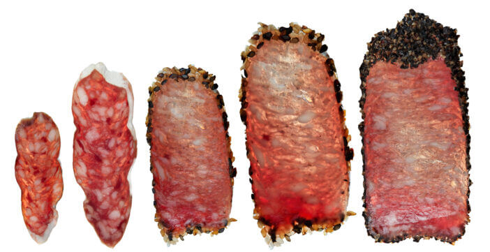 Cured pork sausage with spices, similar to fouettes, chorizo and saucisson. Closeup of charcuterie meat products food photography recipe idea. Isolated on white background
