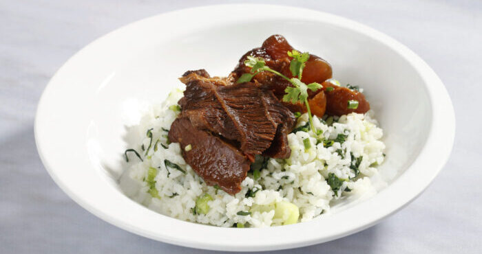 beef tendon over rice, close-up view