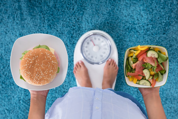25+ New Obesity and Fast Food Statistics 1 High Angle View Of A Person Holding Burger And Salad Standing On Weighing Machine