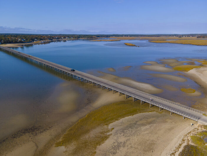 Powder Point Bridge aerial view connects Long Island and Duxbury in town of Duxbury, Massachusetts MA, USA.