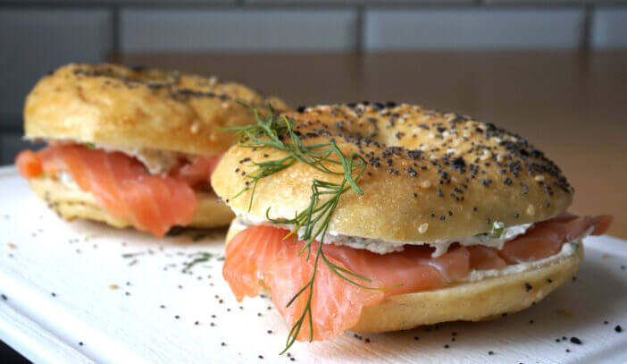 American bagels with smoked salmon, cream cheese and dill