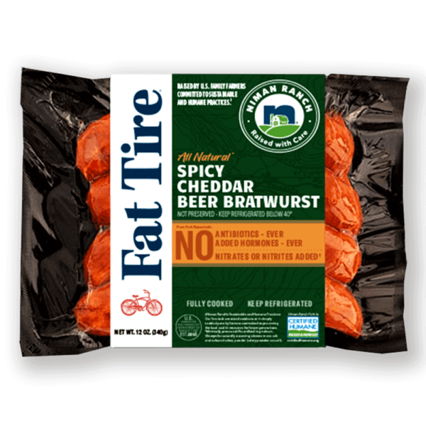 25691 niman ranch fat tire spicy cheddar Brats pkfv Niman Ranch Fat Tire Spicy Cheddar Brats