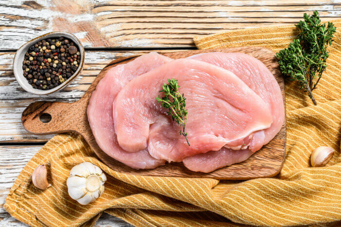 11 Gourmet Meat Gift Sets For This Holiday Season 10 Fresh Turkey steaks with thyme and pepper on cutting board. Raw organic poultry meat. white background. Top view.