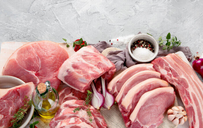 11 Gourmet Meat Gift Sets For This Holiday Season 5 Assortment of raw pork meat on light grey background. Organic gourmet food concept. Top view, flat lay, copy space