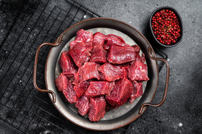 11 Low Fat Meat Options For Health & Fitness Enthusiasts 7 Raw Diced venison dear meat for a goulash, game meat. Black background. Top view.